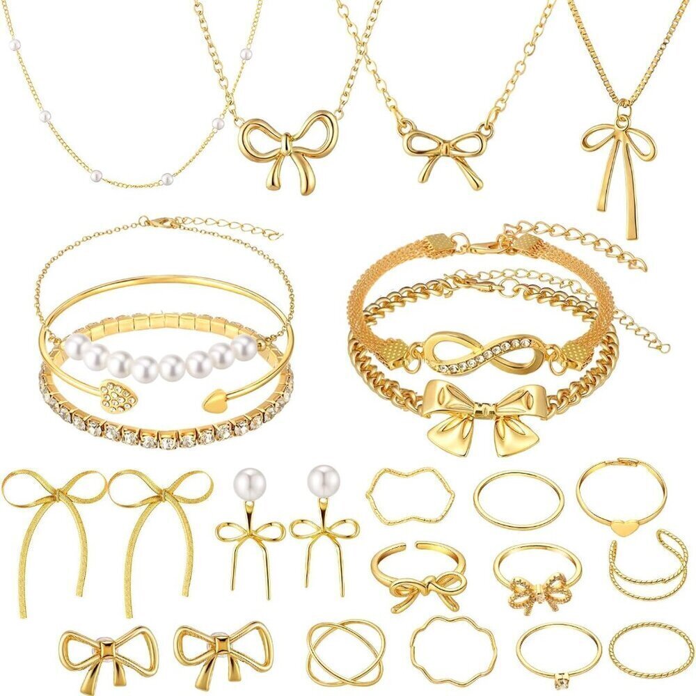 Jewelry Set Gold Bowknot Earrings Bracelets Necklaces Ring for Women Gift